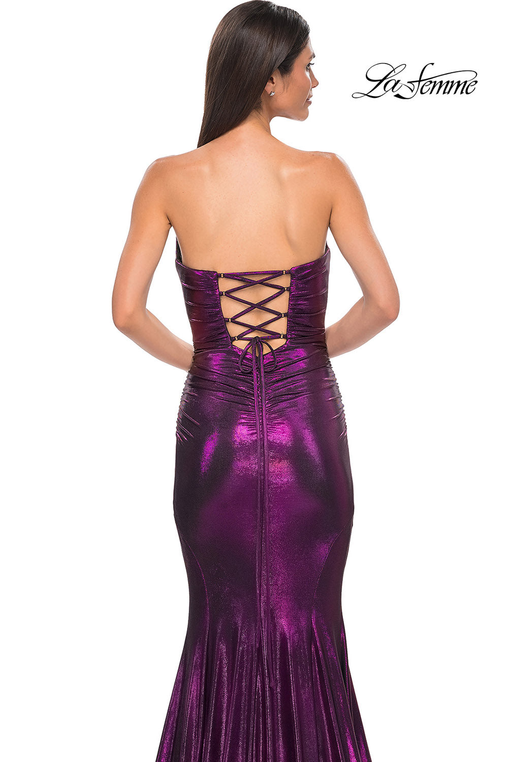 La Femme 32995 prom dress images. La Femme 32995 is available in these colors: Bronze, Dark Teal, Indigo, Mocha, Purple.