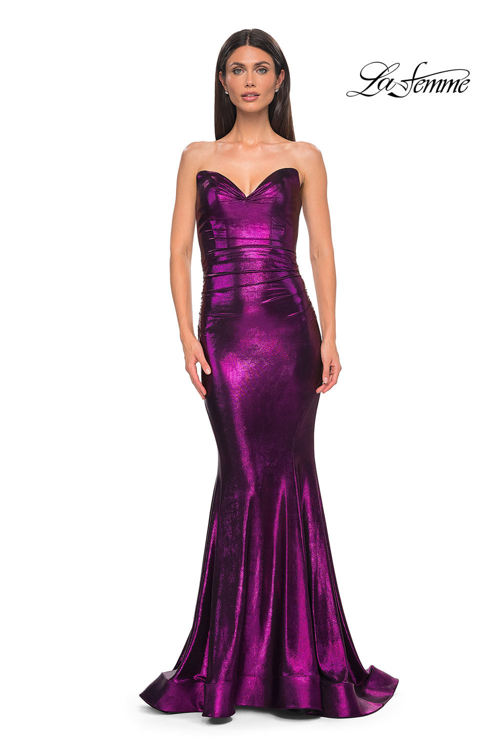 La Femme 32995 prom dress images. La Femme 32995 is available in these colors: Bronze, Dark Teal, Indigo, Mocha, Purple.