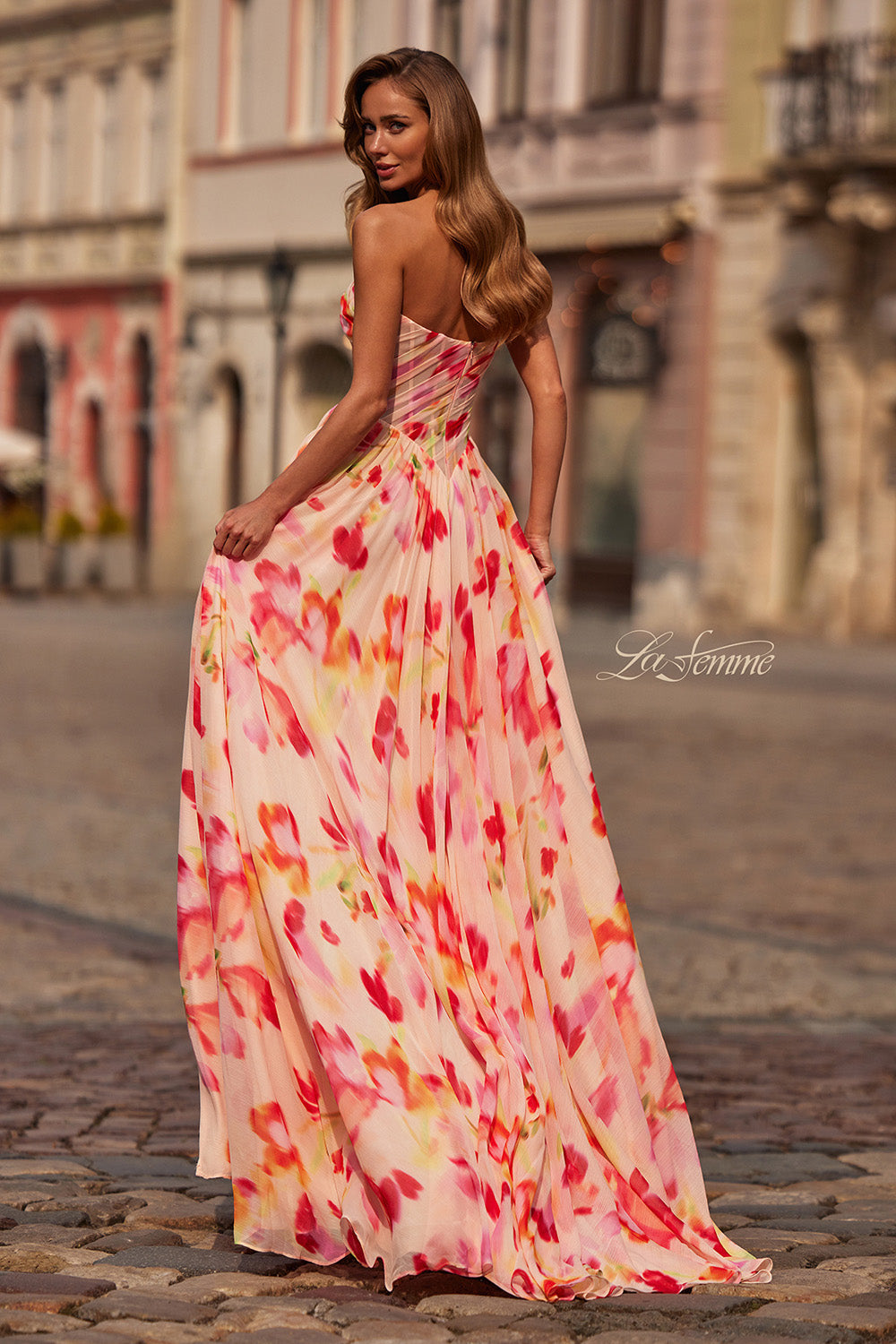 La Femme 33404 Multi-colored prom dress in print chiffon with a flowing A-line silhouette.