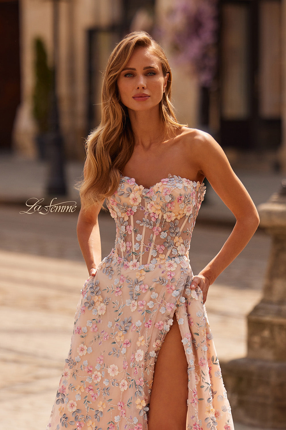 La Femme 33409 Multi-colored lace prom dress with a high slit and floral embellishments, front view.