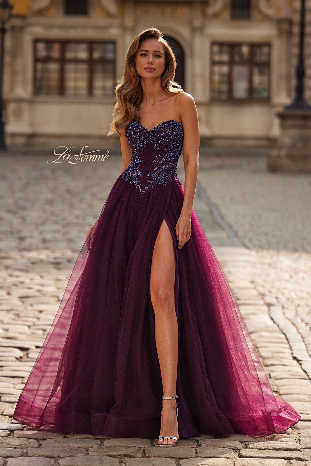 La Femme 33410 Dark berry prom dress with lace bodice and high slit, front view.