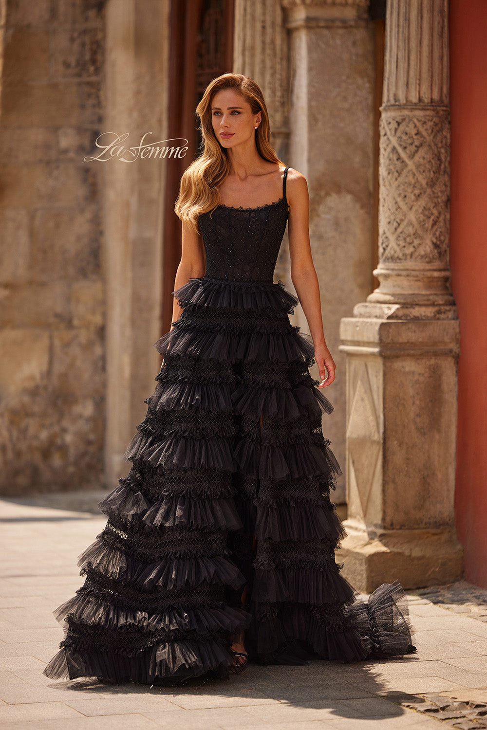 La Femme 33493 Black prom dress with tiered ruffles and a fitted bodice, featuring a side slit.