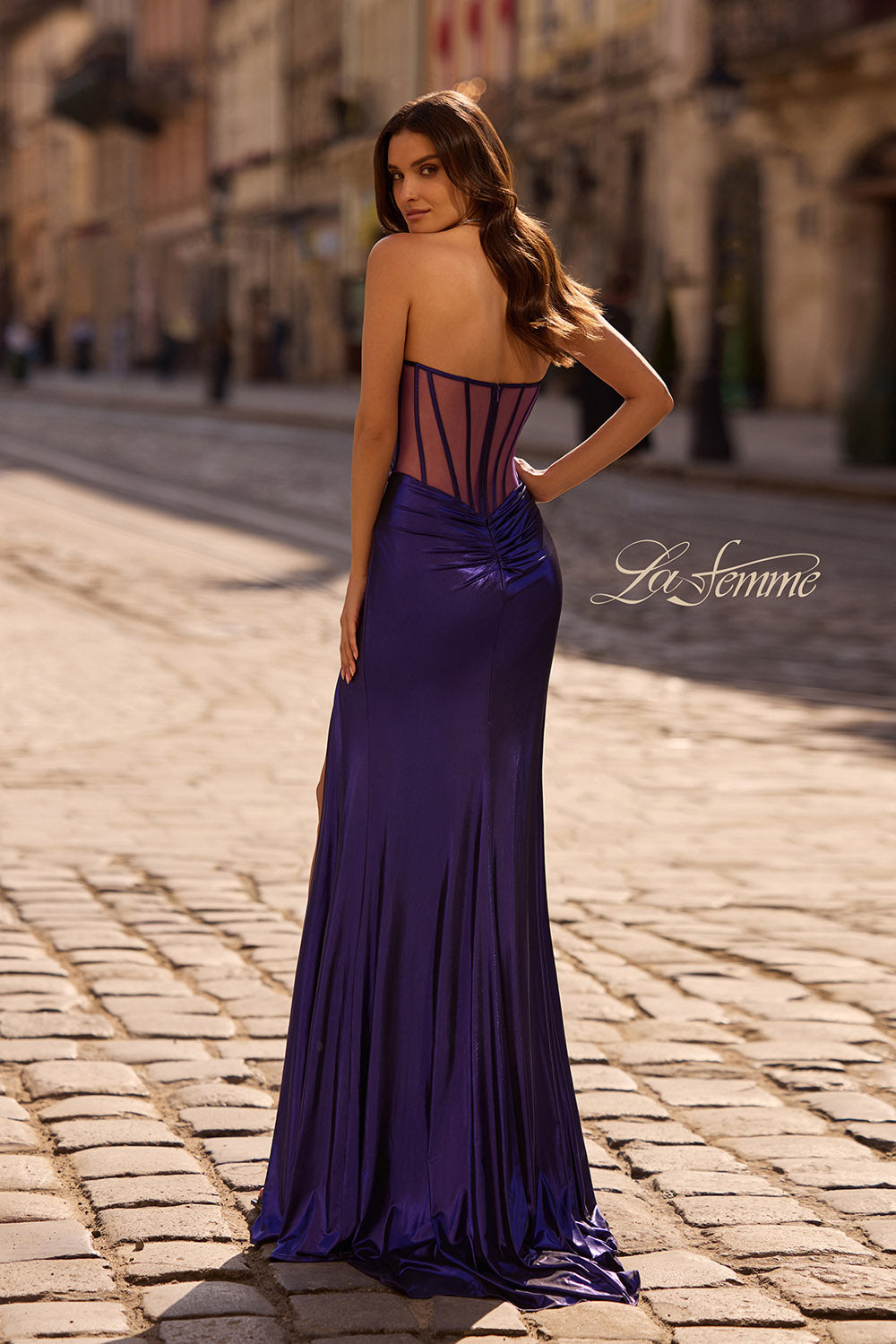 La Femme 32375 prom dress images.  La Femme 32375 is available in these colors: Black, Lavender, Navy, Royal Blue, Royal Purple.