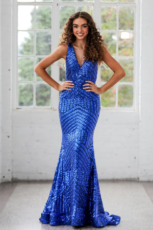 Miah Vega 15999 geometric sequins prom dresses comes in the following colors: Black, Hot Pink, Royal, Red and White.