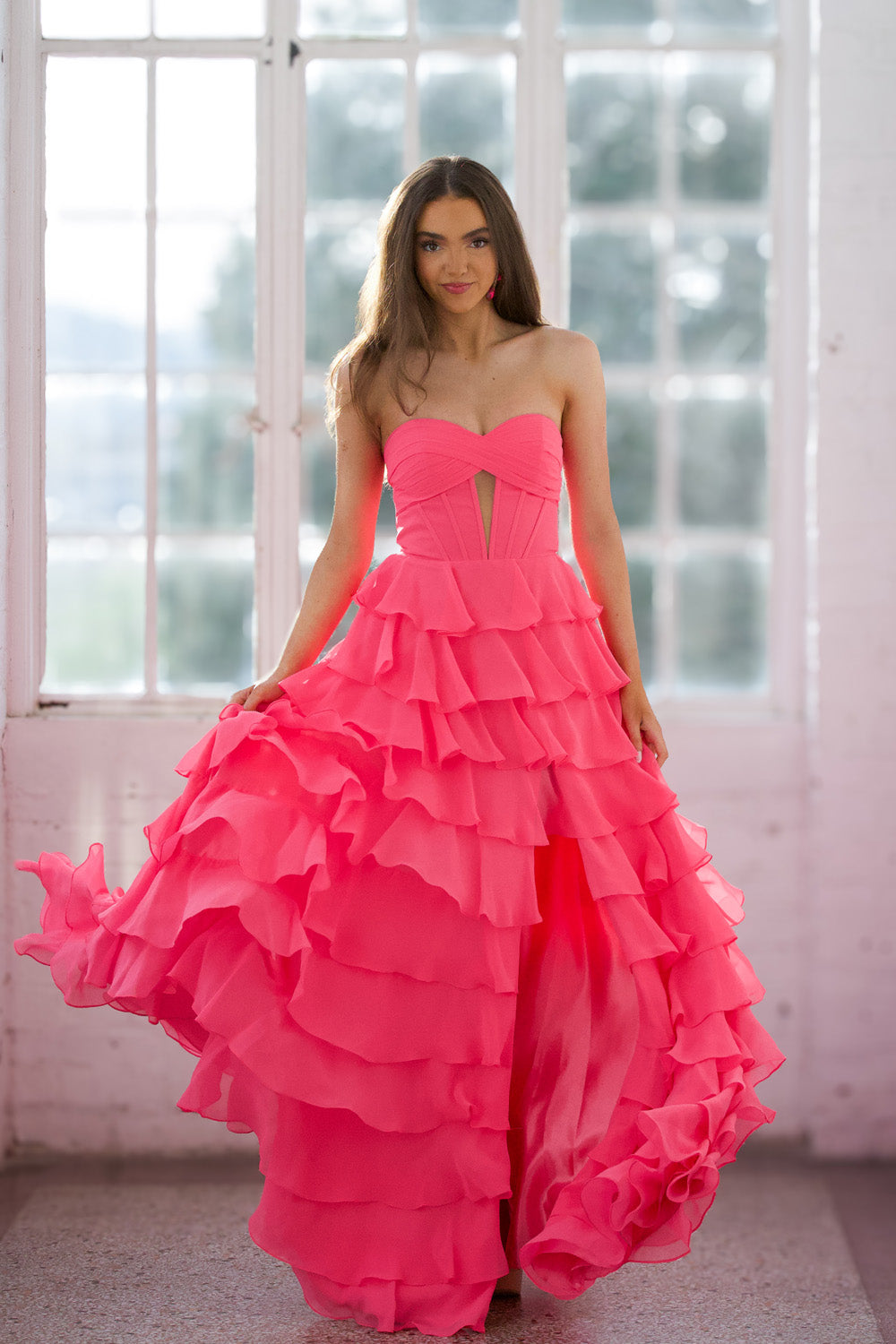 Miah Vega 24502 prom dress images. Miah Vega 24502 is available in these colors: Black, Bright Pink, Peacock, Red, Light Turquoise, White, Yellow.