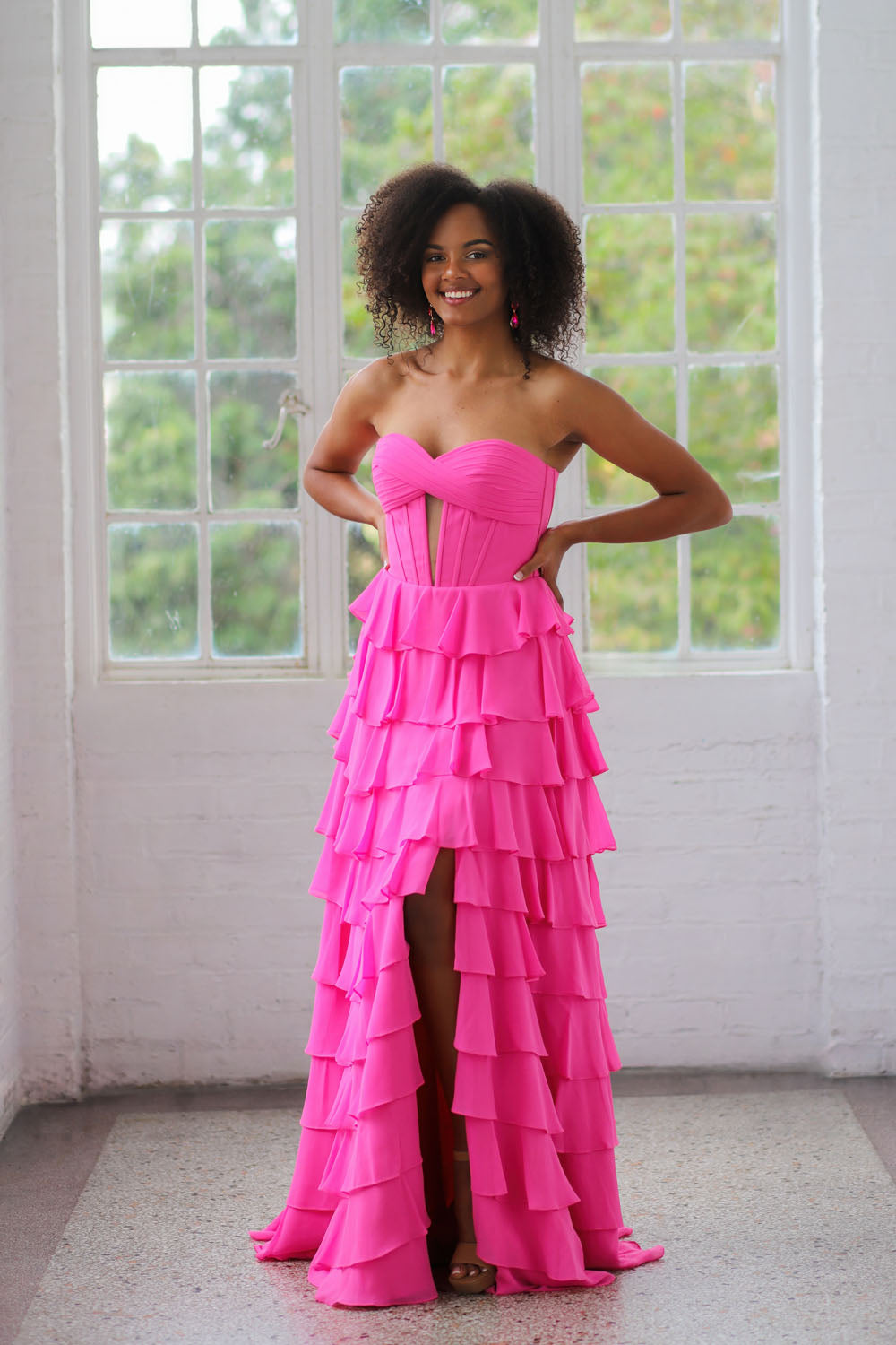 Miah Vega 24502 prom dress images. Miah Vega 24502 is available in these colors: Black, Bright Pink, Peacock, Red, Light Turquoise, White, Yellow.