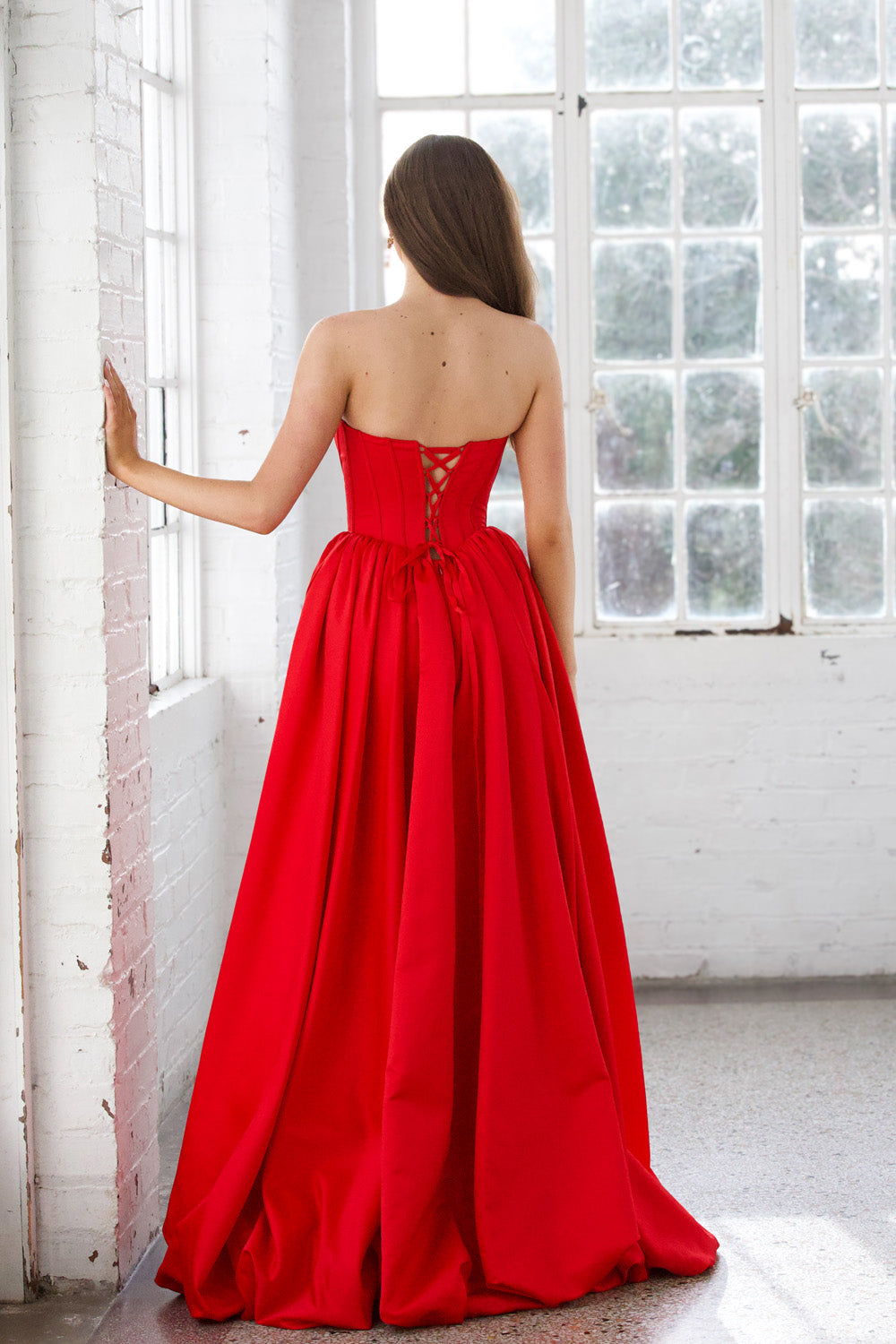 Miah Vega 24601 Red ballgown with lace-up back, perfect for prom prom dress.