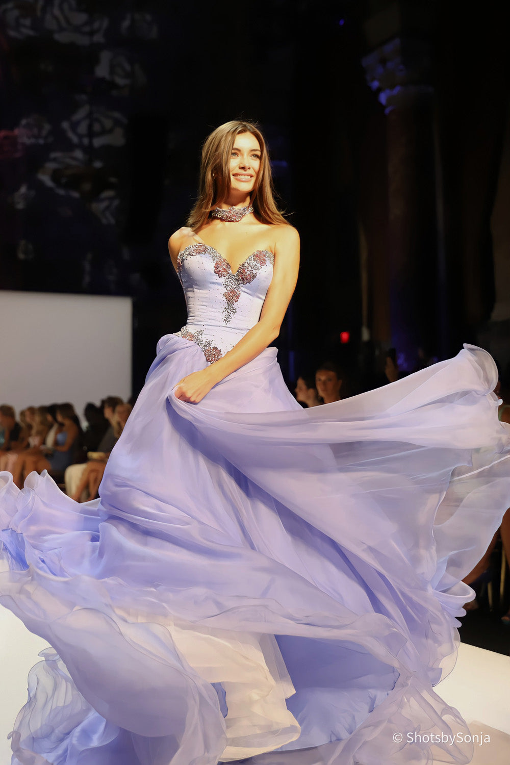 Sherri Hill 46406 periwinkle ballgown full silhouette view with beaded sweetheart neckline and voluminous organza skirt