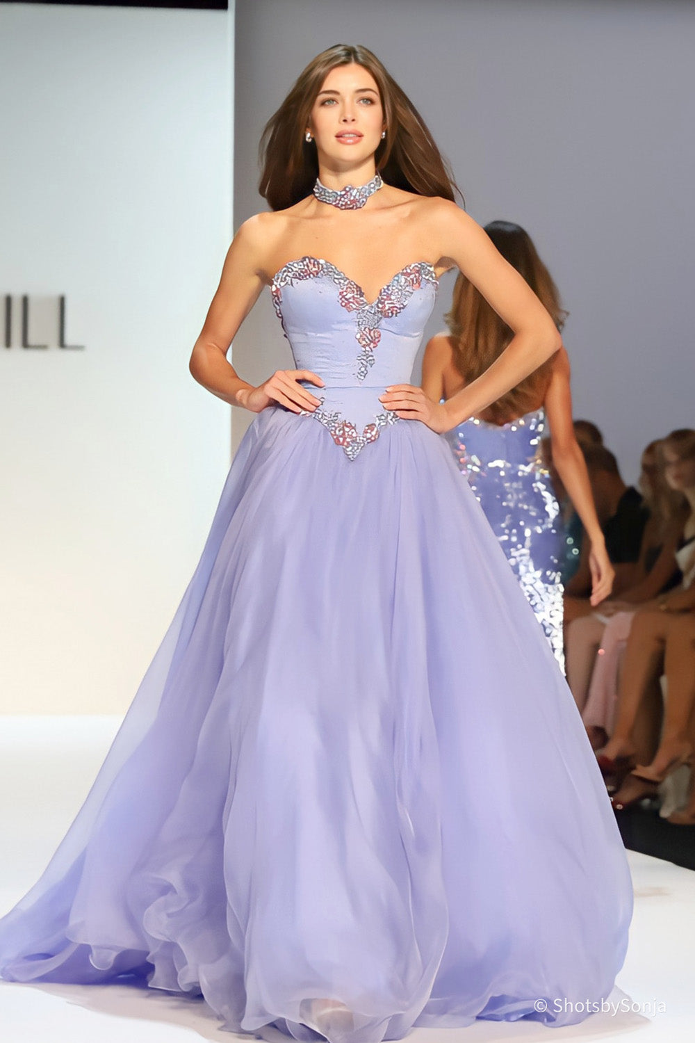 Sherri Hill 46406 periwinkle ballgown with beaded sweetheart bodice and full organza skirt shown from the front