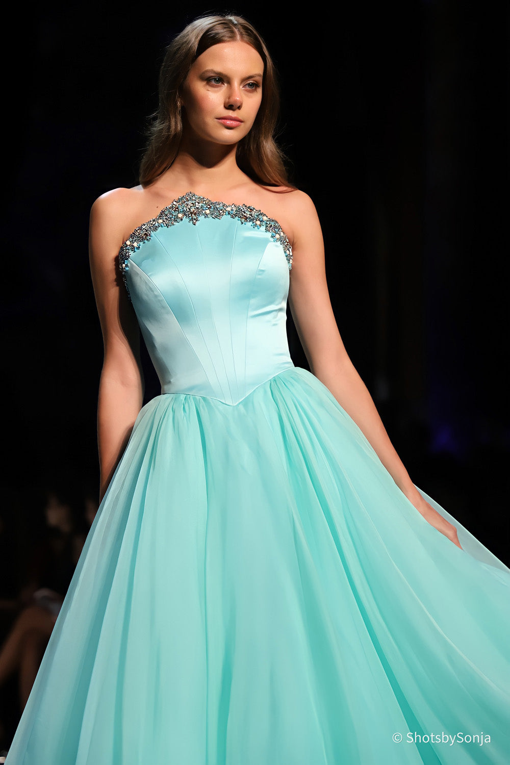 Sherri Hill 46702 seafoam strapless ball gown beaded upper bodice and flowing chiffon skirt detail view