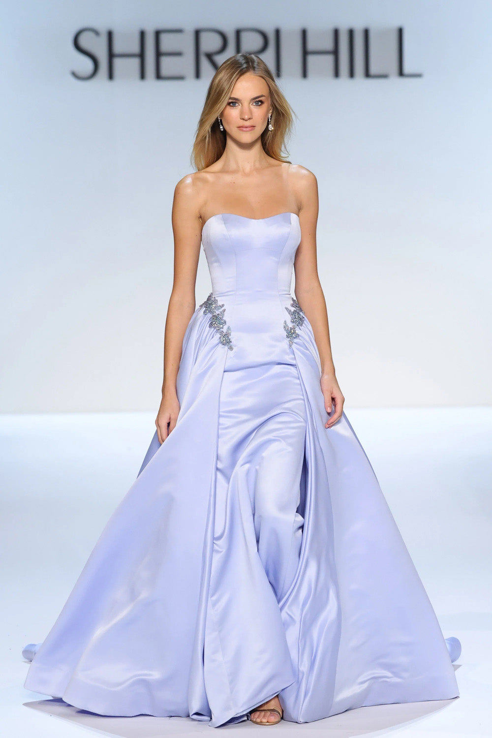 Sherri Hill 46705 periwinkle satin ball gown with strapless sweetheart bodice and beaded hip applique close up