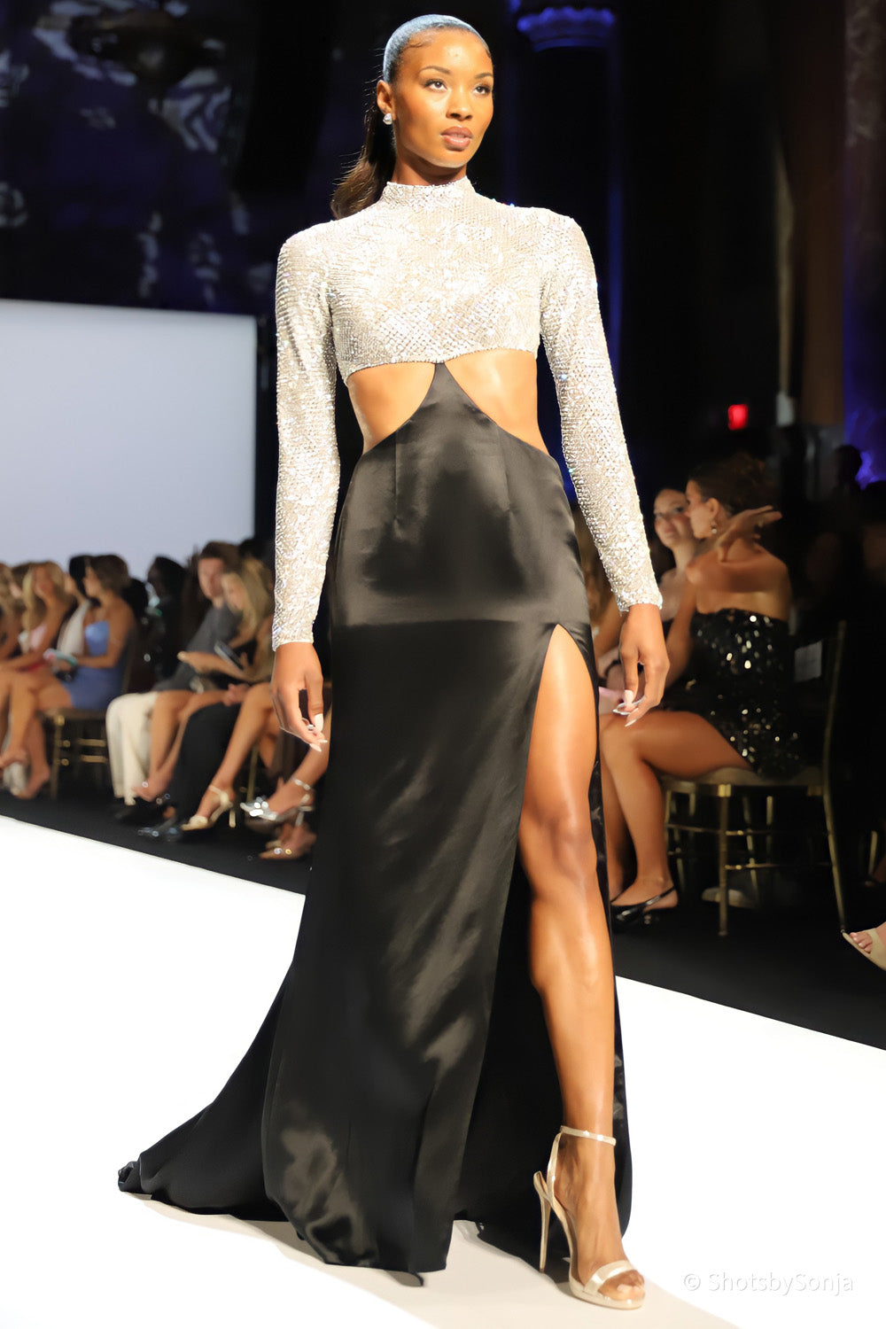 Sherri Hill 46718 black white stone embellished crop top black satin gown with front slit three quarter runway view