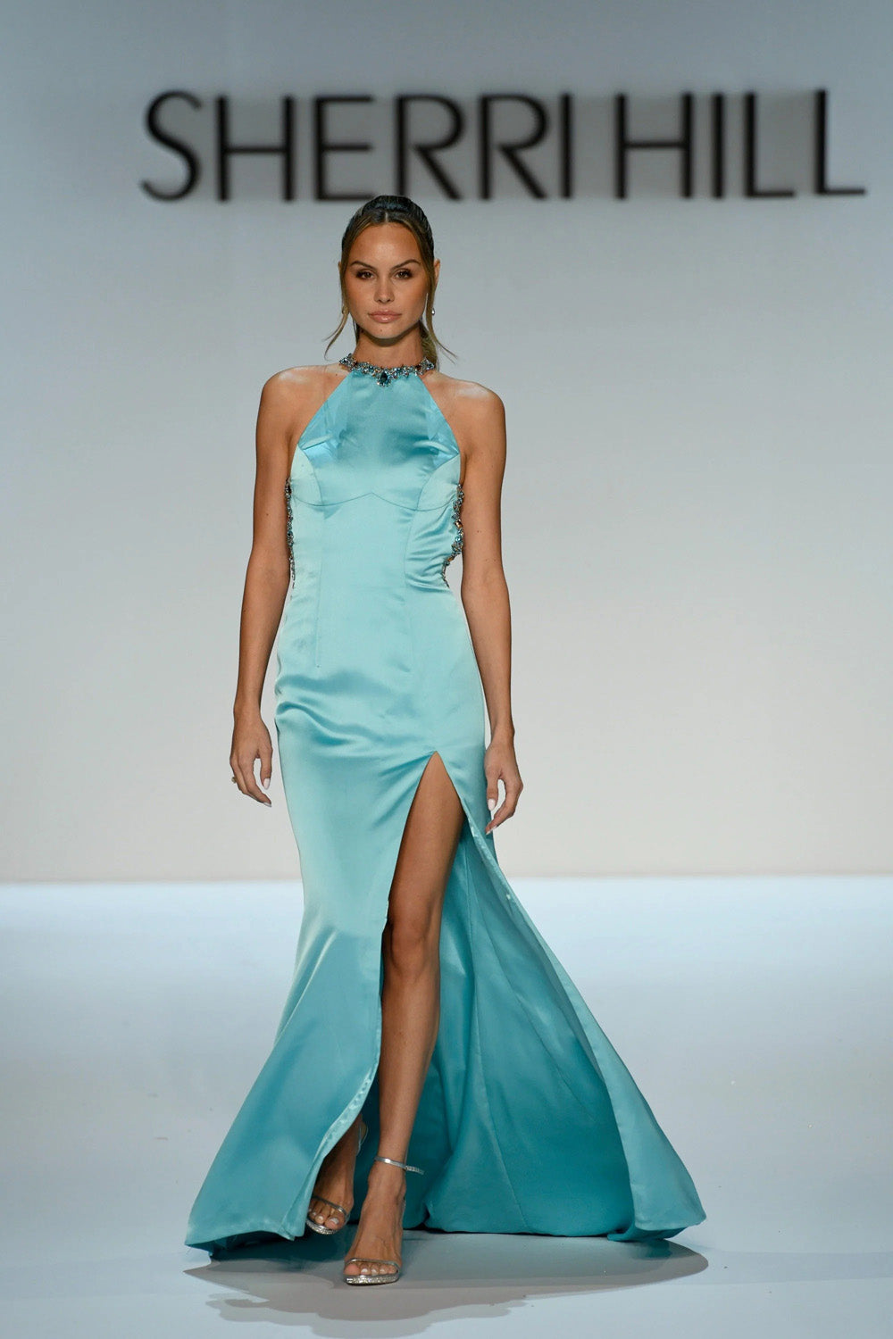 Sherri Hill 46725 aqua gold halter satin gown with beaded neckline and high front slit full length view