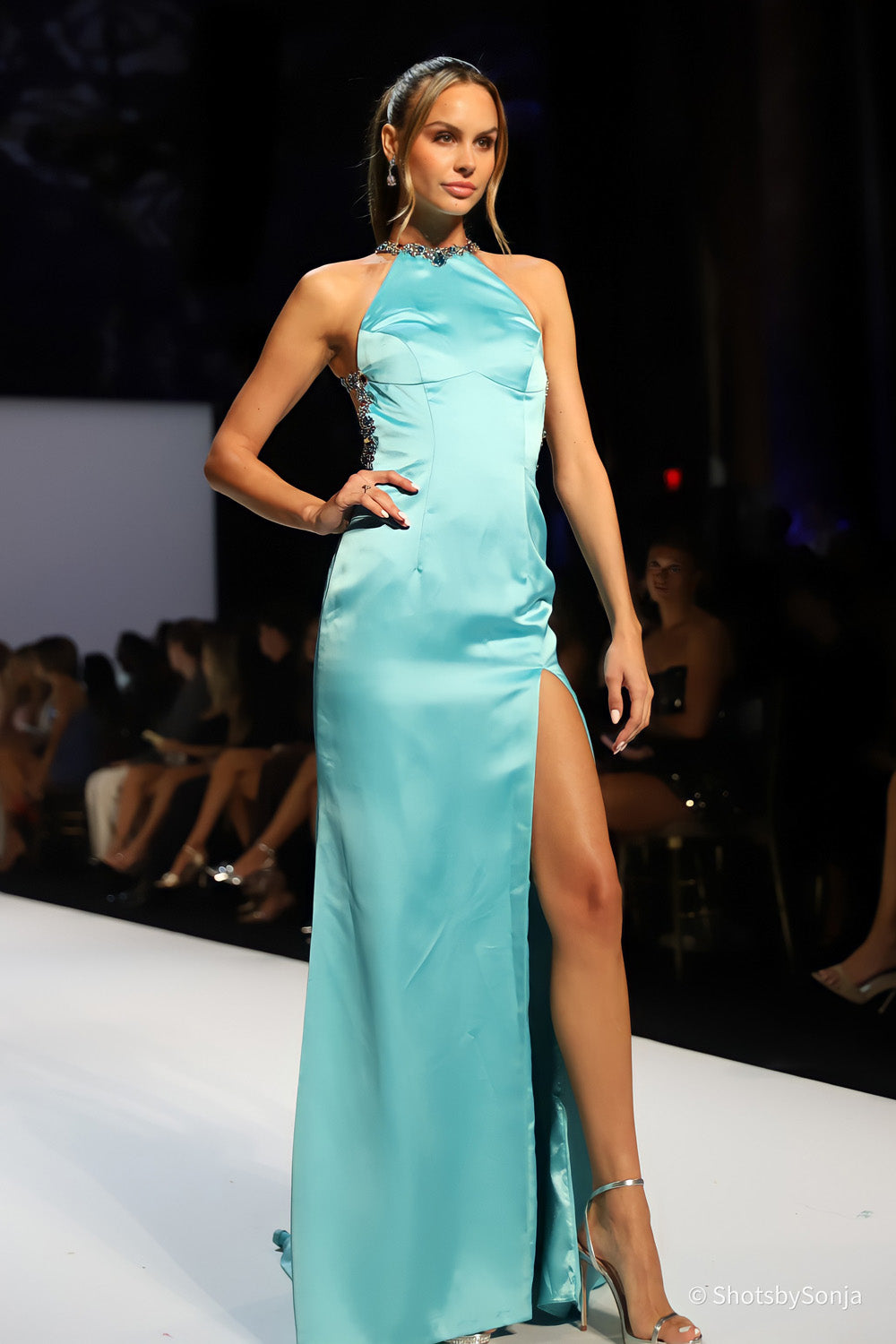 Sherri Hill 46725 aqua gold satin halter gown with high slit and beaded side and back detailing
