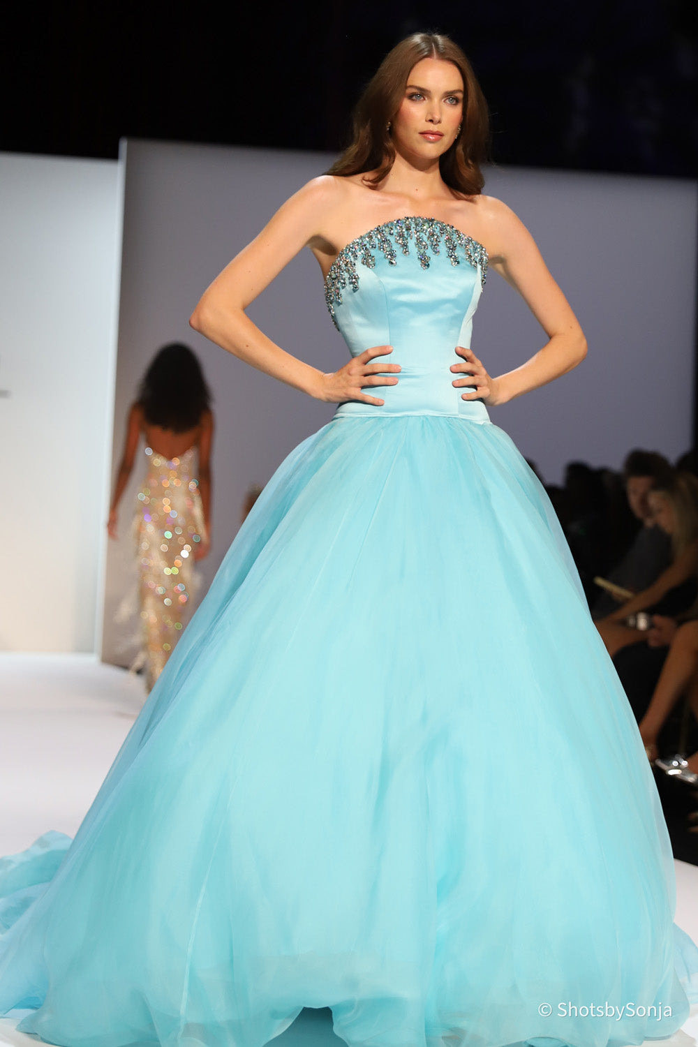 Sherri Hill 46729 aqua strapless beaded couture ball gown with voluminous tulle skirt on runway