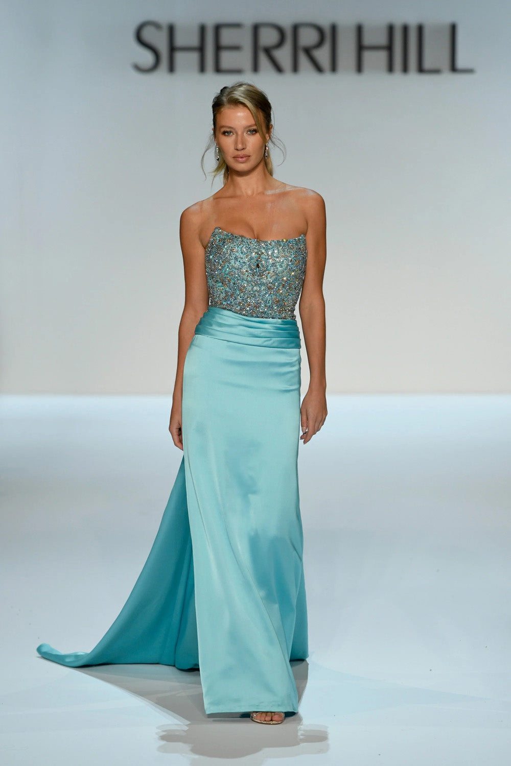 Sherri Hill 46731 aqua strapless gown with fully beaded bodice and satin skirt with front slit and train