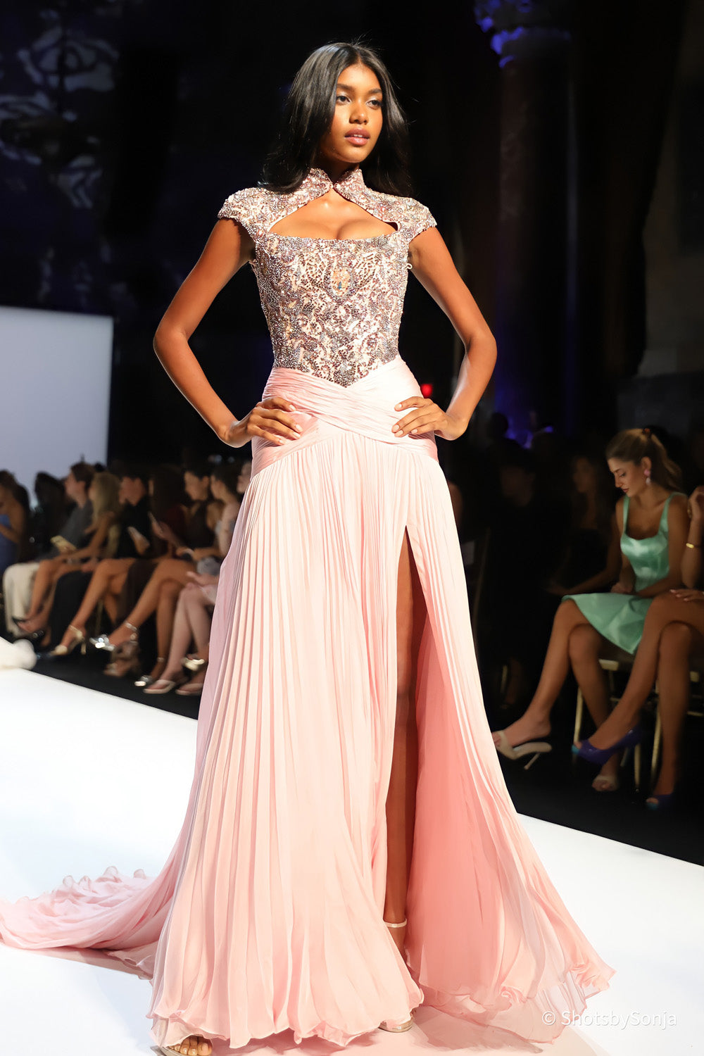 Sherri Hill 46740 blush periwinkle beaded cap sleeve gown with mandarin collar sweetheart cutout and flowing pleated skirt