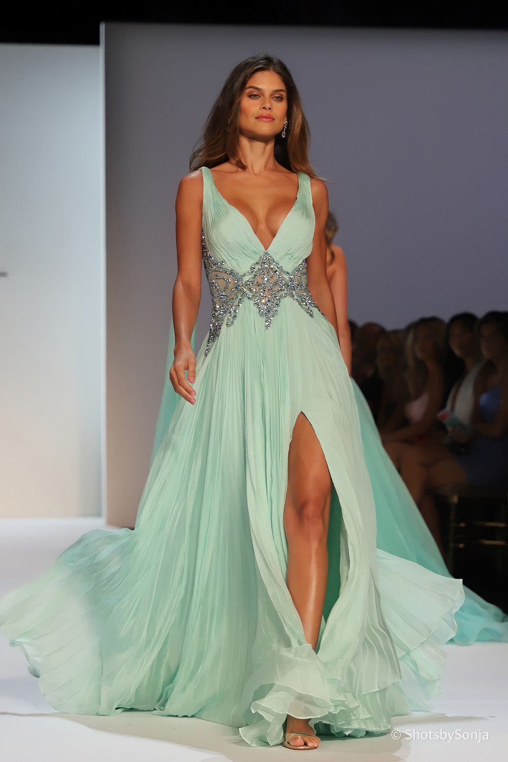 Sherri Hill 46755 mint chiffon gown with beaded applique waistband and full pleated skirt in motion