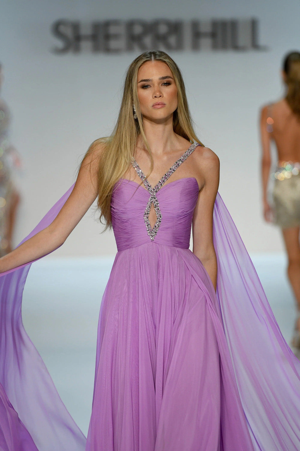 Sherri Hill 58315 violet sweetheart bodice with close-set beaded straps and billowing chiffon skirt panels