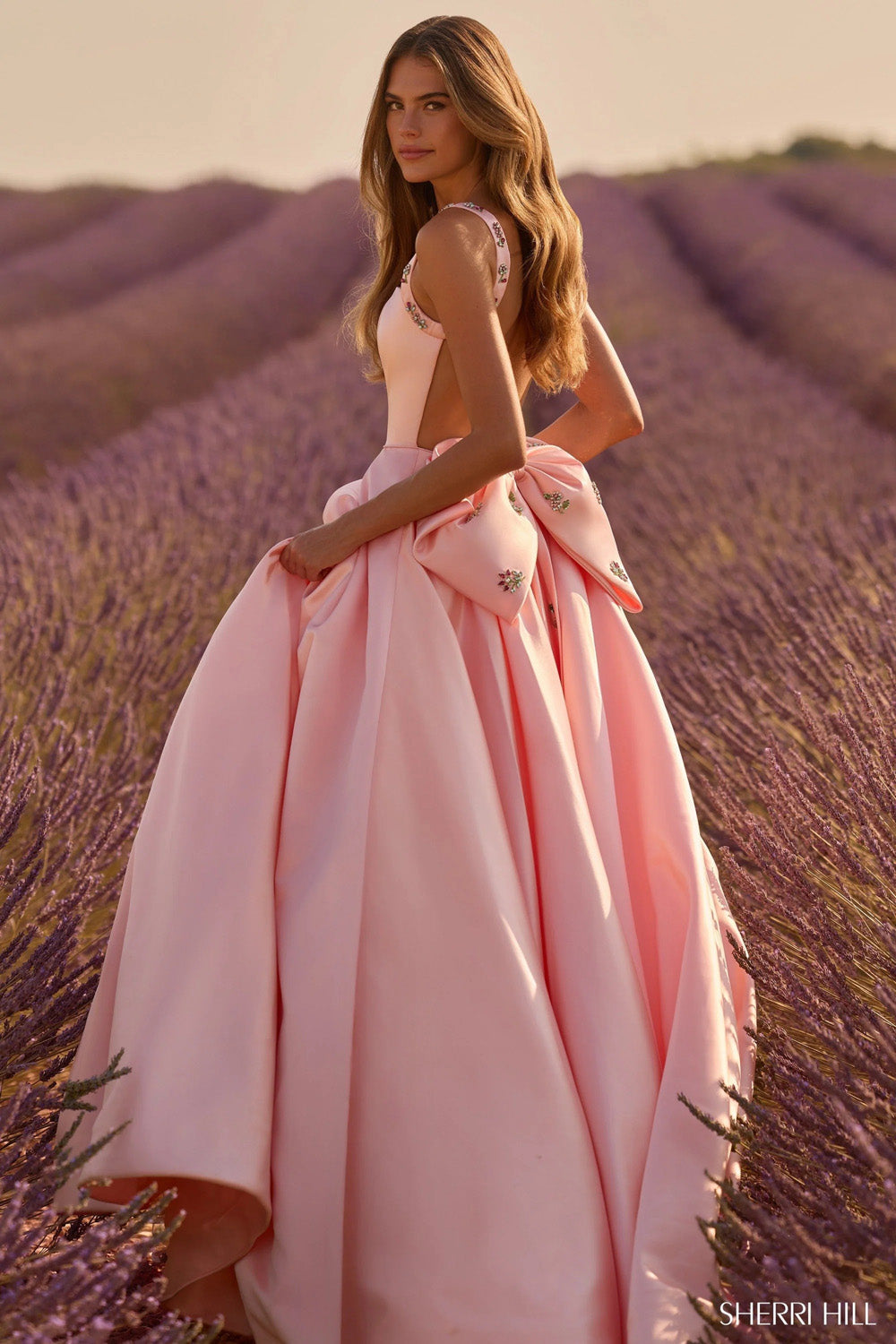 Sherri Hill 58475 light pink satin ballgown with beaded straps and voluminous pleated skirt front view