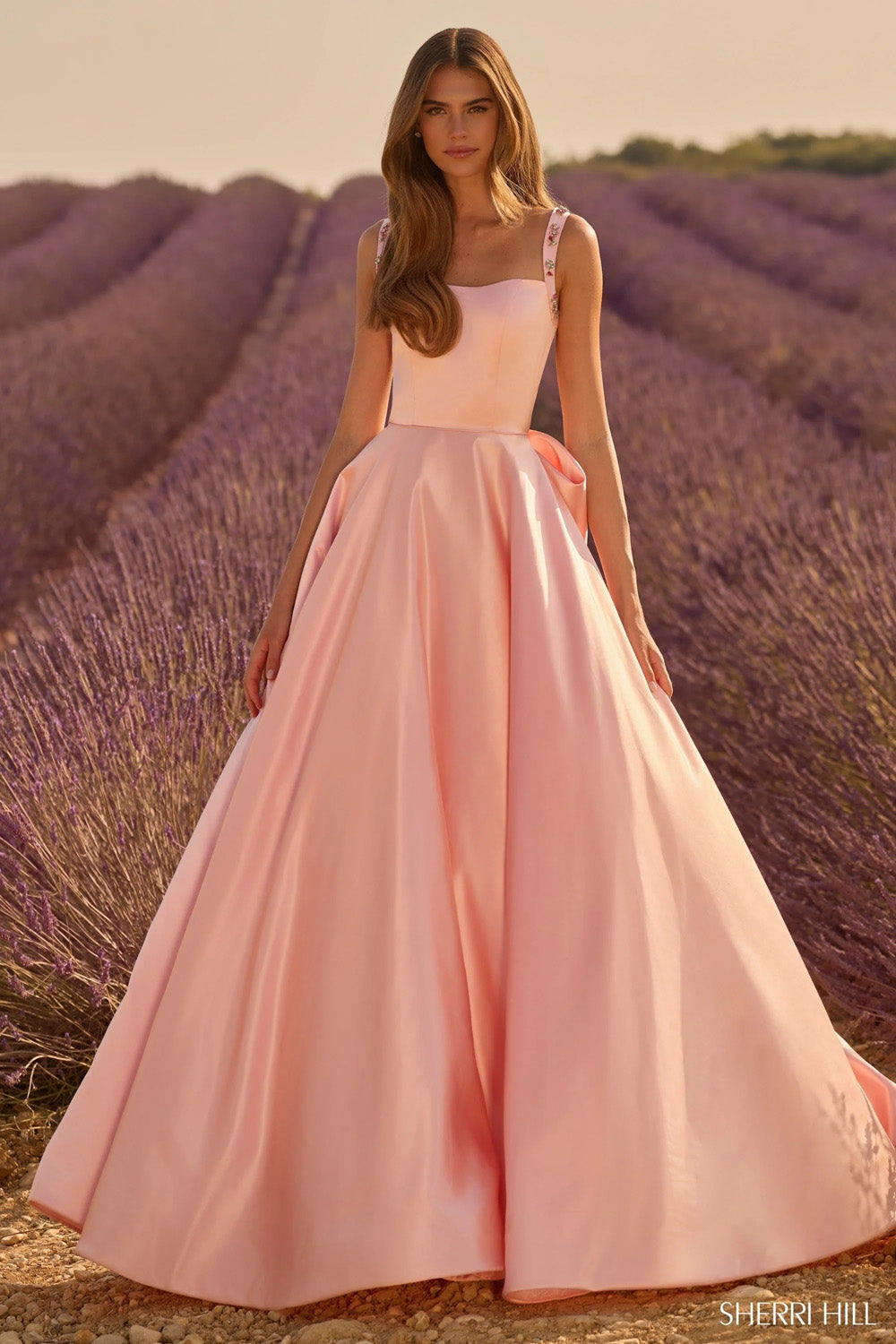 Sherri Hill 58475 periwinkle satin ballgown with beaded straps and full pleated skirt front view on runway
