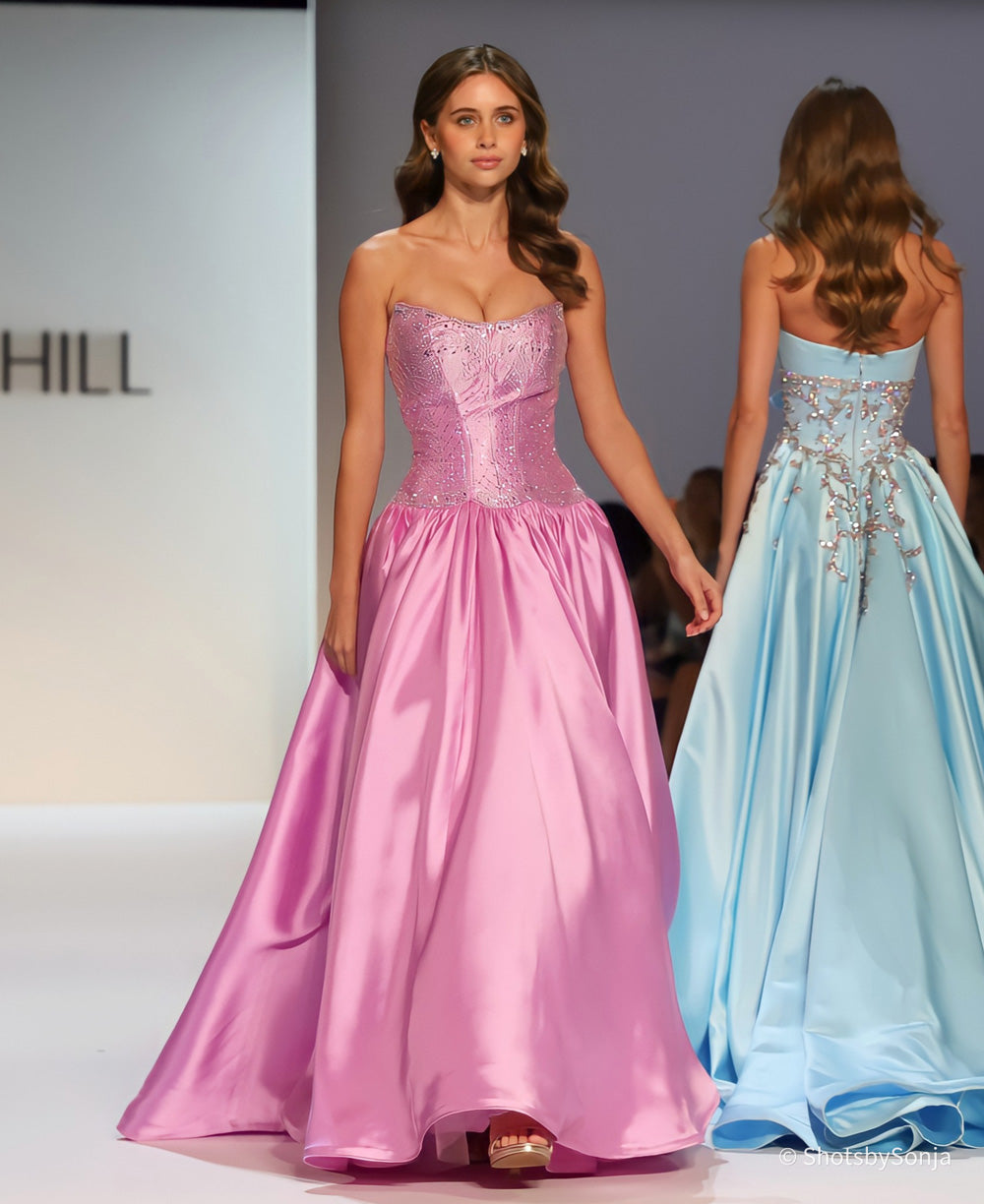 Sherri Hill 58522 violet silver corset ball gown with second model in light blue silver visible behind