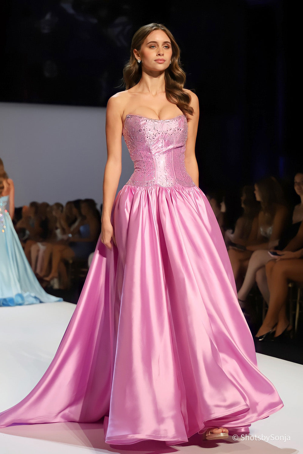Sherri Hill 58522 violet silver full satin skirt with volume and sweep shown mid walk