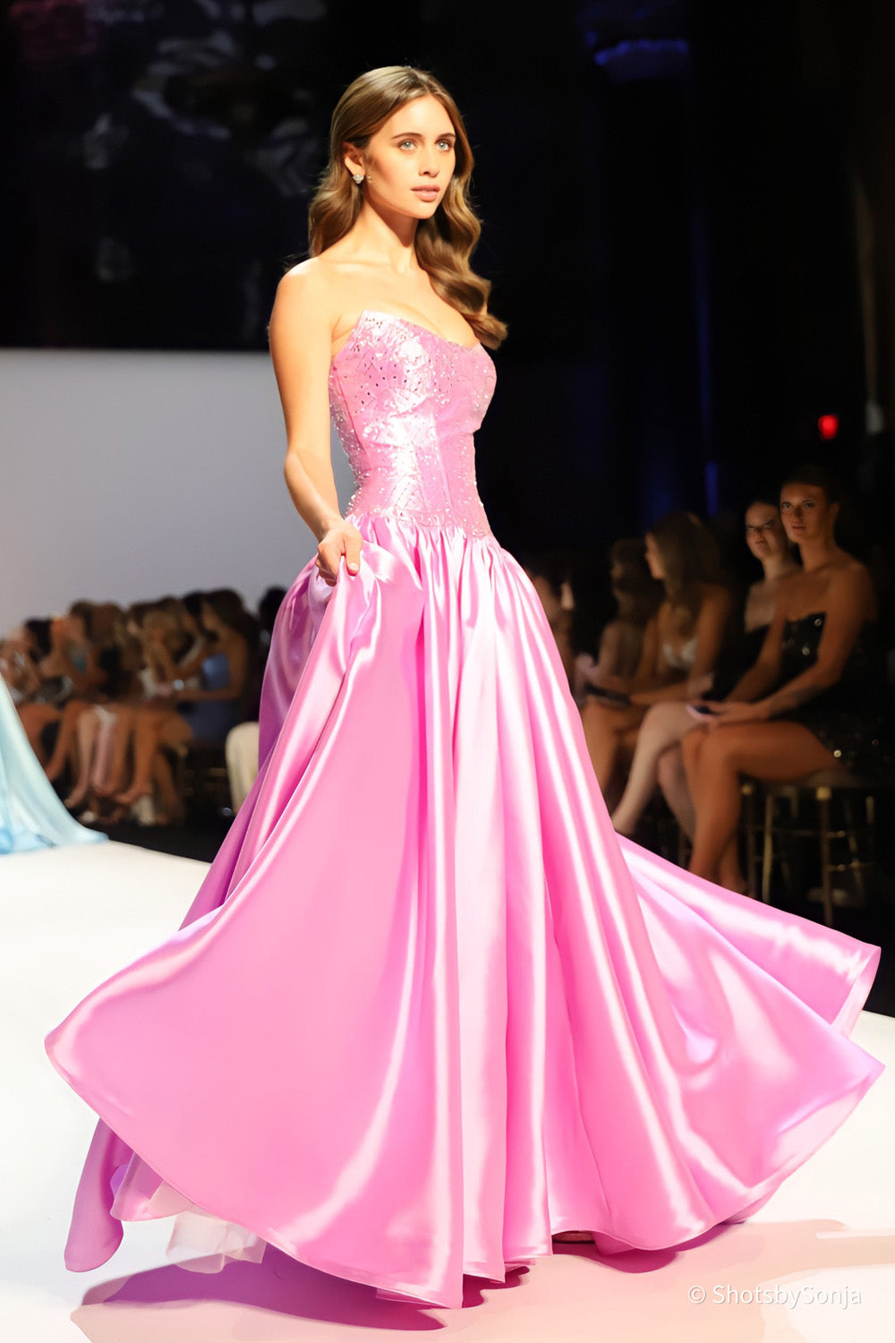 Sherri Hill 58522 violet silver ball gown skirt fanning wide with beaded corset bodice above