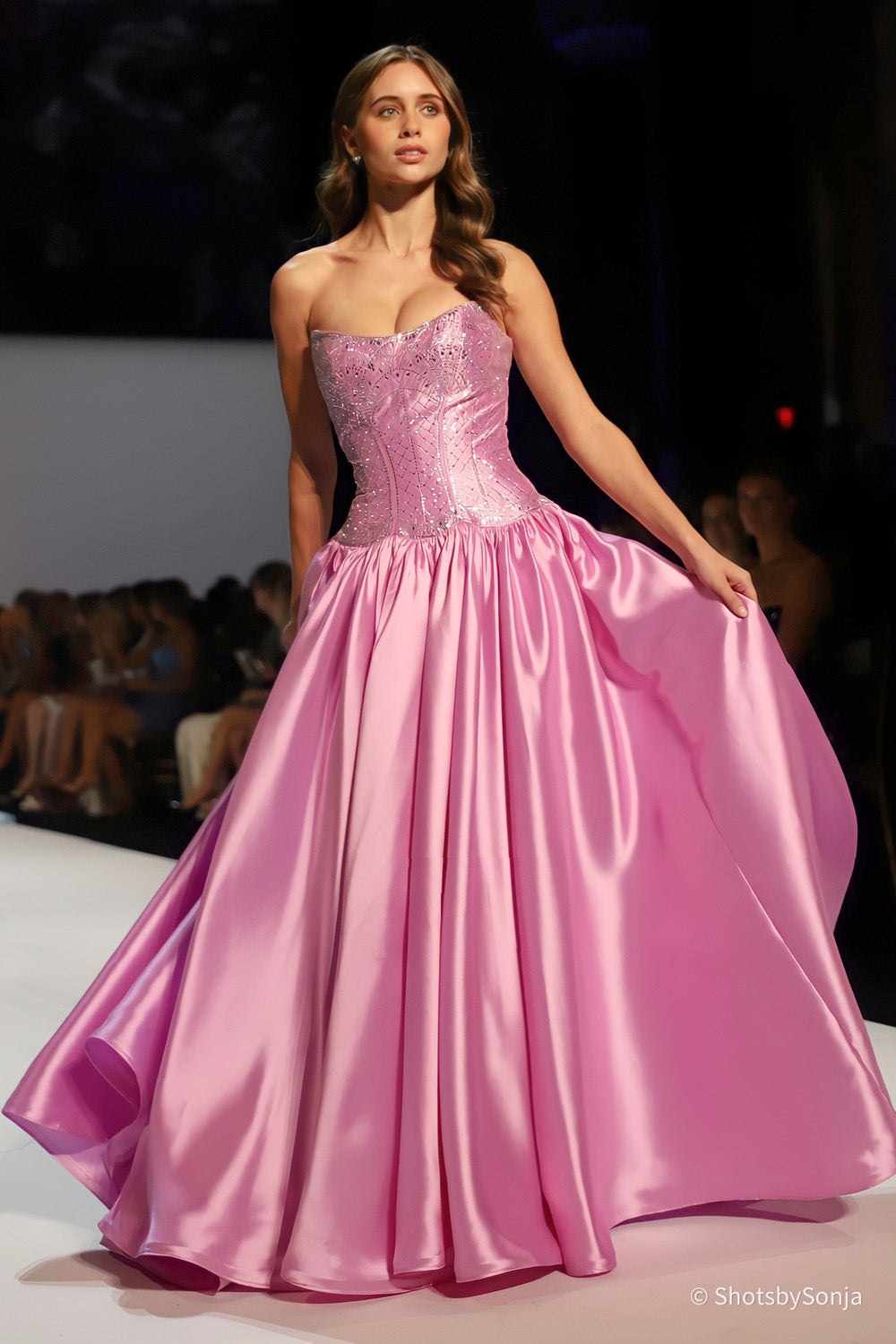 Sherri Hill 58522 violet silver beaded corset and satin skirt three quarter angle with skirt in motion