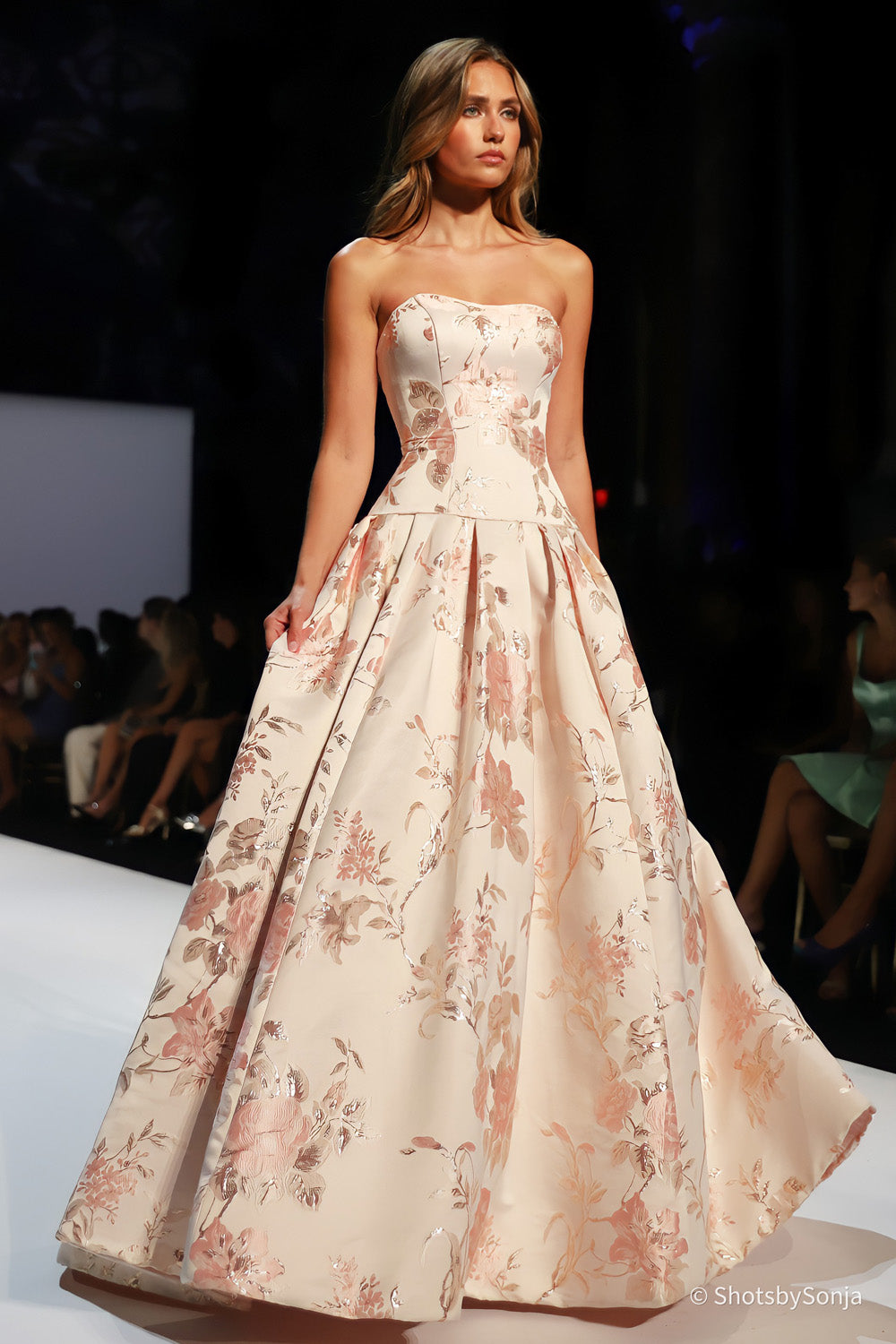 Sherri Hill 58594 blush print strapless ballgown floral brocade fabric with deep box pleats and floor length full skirt