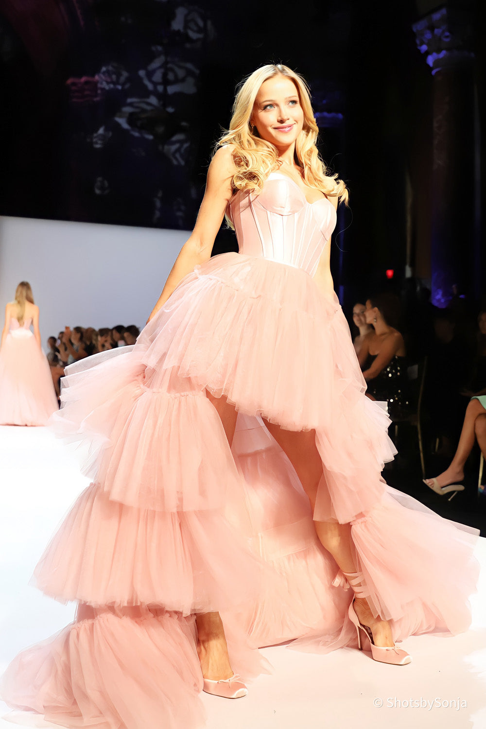 Sherri Hill 58631 blush tiered tulle high-low gown with satin corset bodice and sweetheart neckline