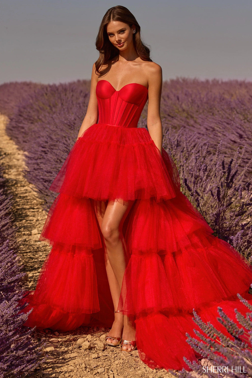 Sherri Hill 58631 red sweetheart corset dress with cascading tiered tulle high-low skirt full length