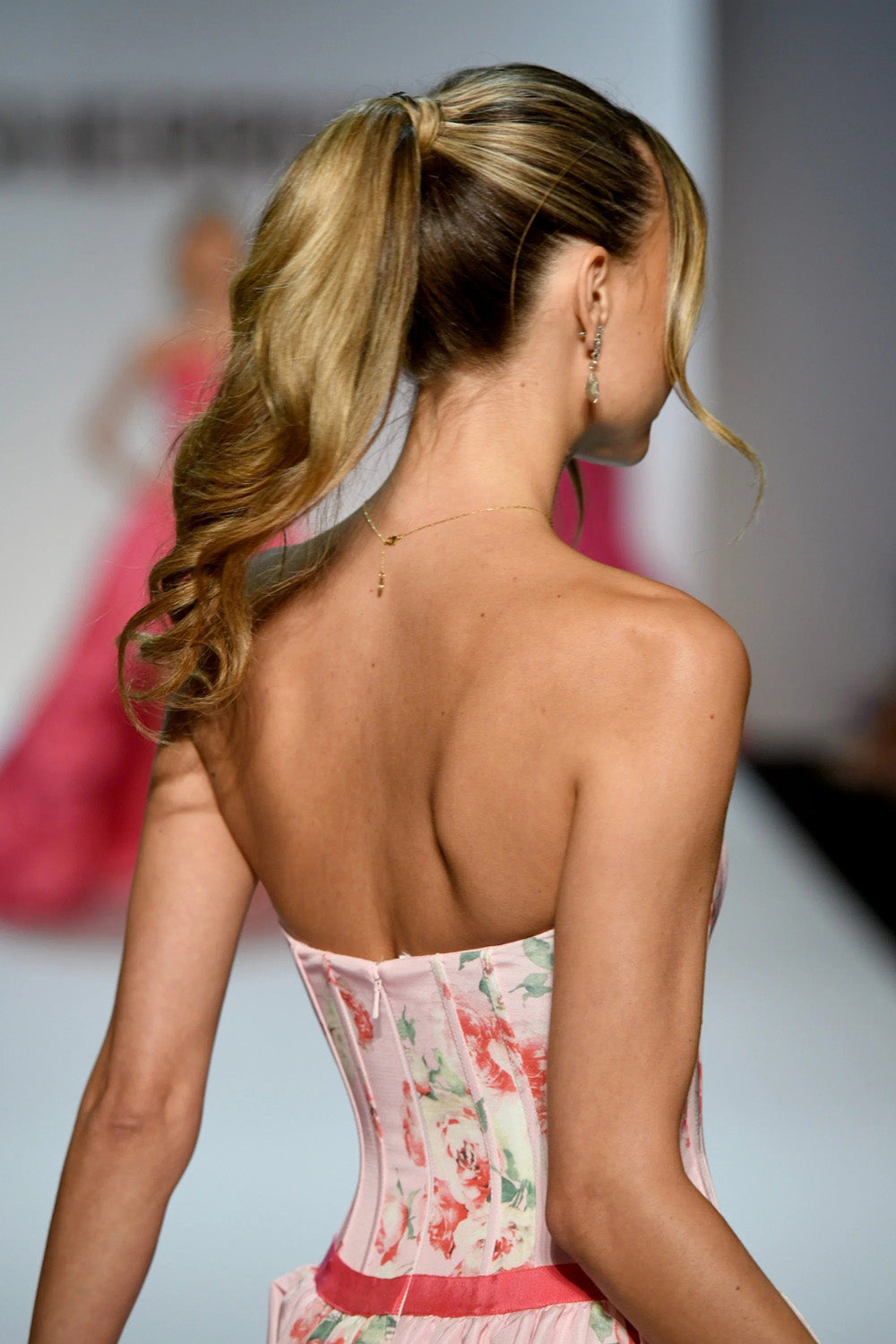 Sherri Hill 58652 pink print corset gown open back detail with lace-up closure and low back cut