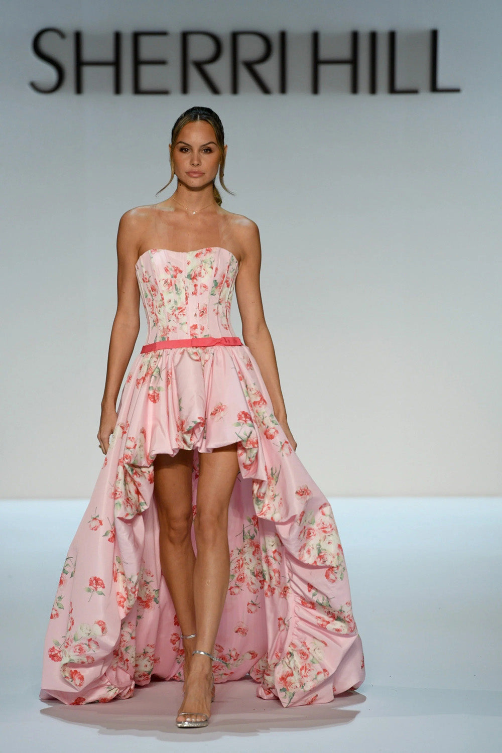 Sherri Hill 58652 pink print strapless floral high-low gown full length front view on runway