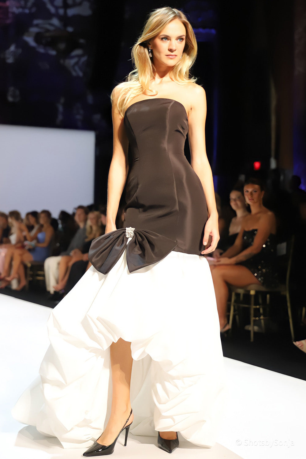 Sherri Hill 58707 black ivory strapless fitted bodice with oversized bow and voluminous gathered ivory skirt