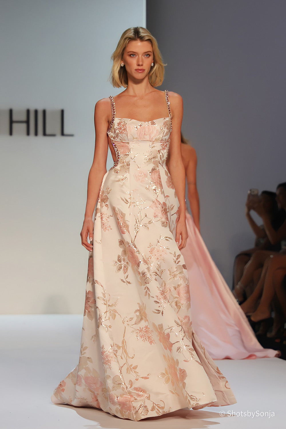 Sherri Hill 58729 blush print floral brocade A-line gown with beaded straps and cutout sides front view