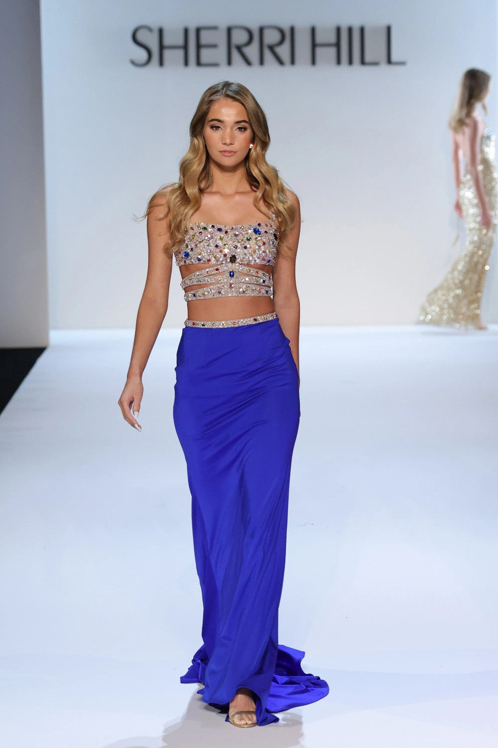 Sherri Hill 58901 bright royal multi full length beaded two piece prom gown on the Sherri Hill runway