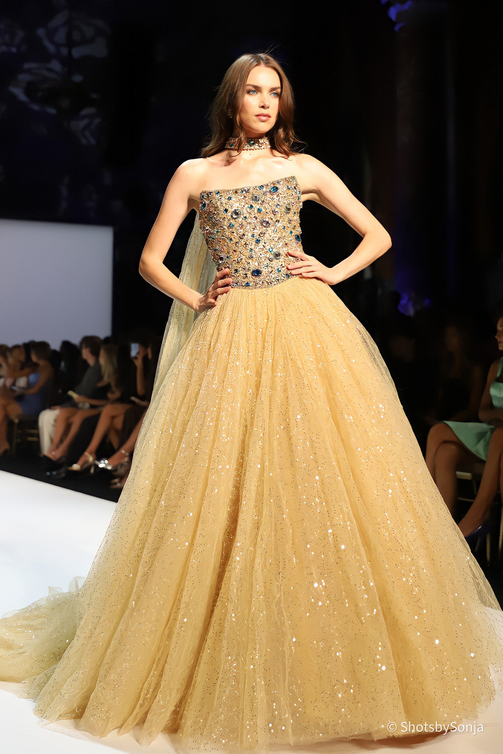Sherri Hill 58932 nude gold multi strapless ballgown with beaded bodice and glitter tulle skirt front view