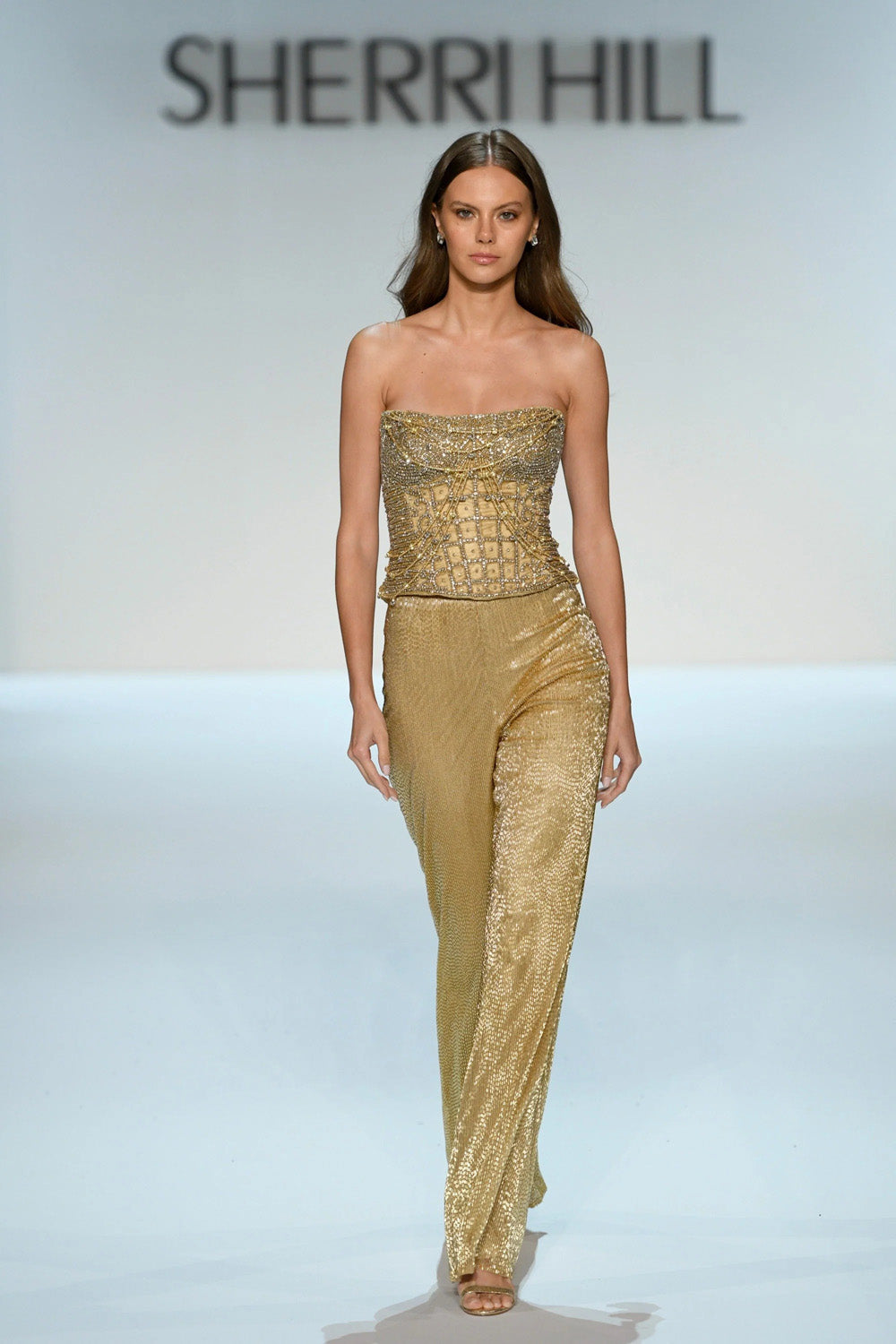 Sherri Hill 67302 nude gold strapless beaded corset bodice with wide leg metallic trousers floor length