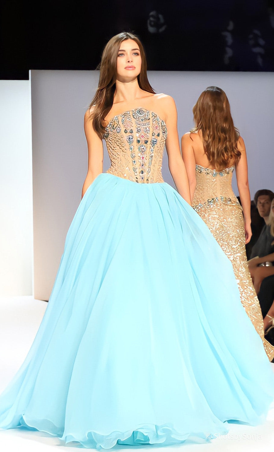 Sherri Hill 67323 aqua nude multi ball gown with beaded gold corset bodice and full aqua chiffon skirt front view