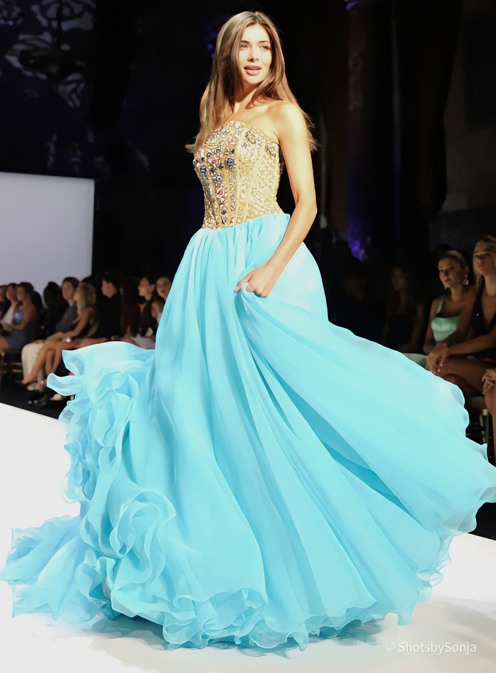 Sherri Hill 67323 aqua nude multi ball gown showing flowing chiffon skirt with ruffled hem in motion