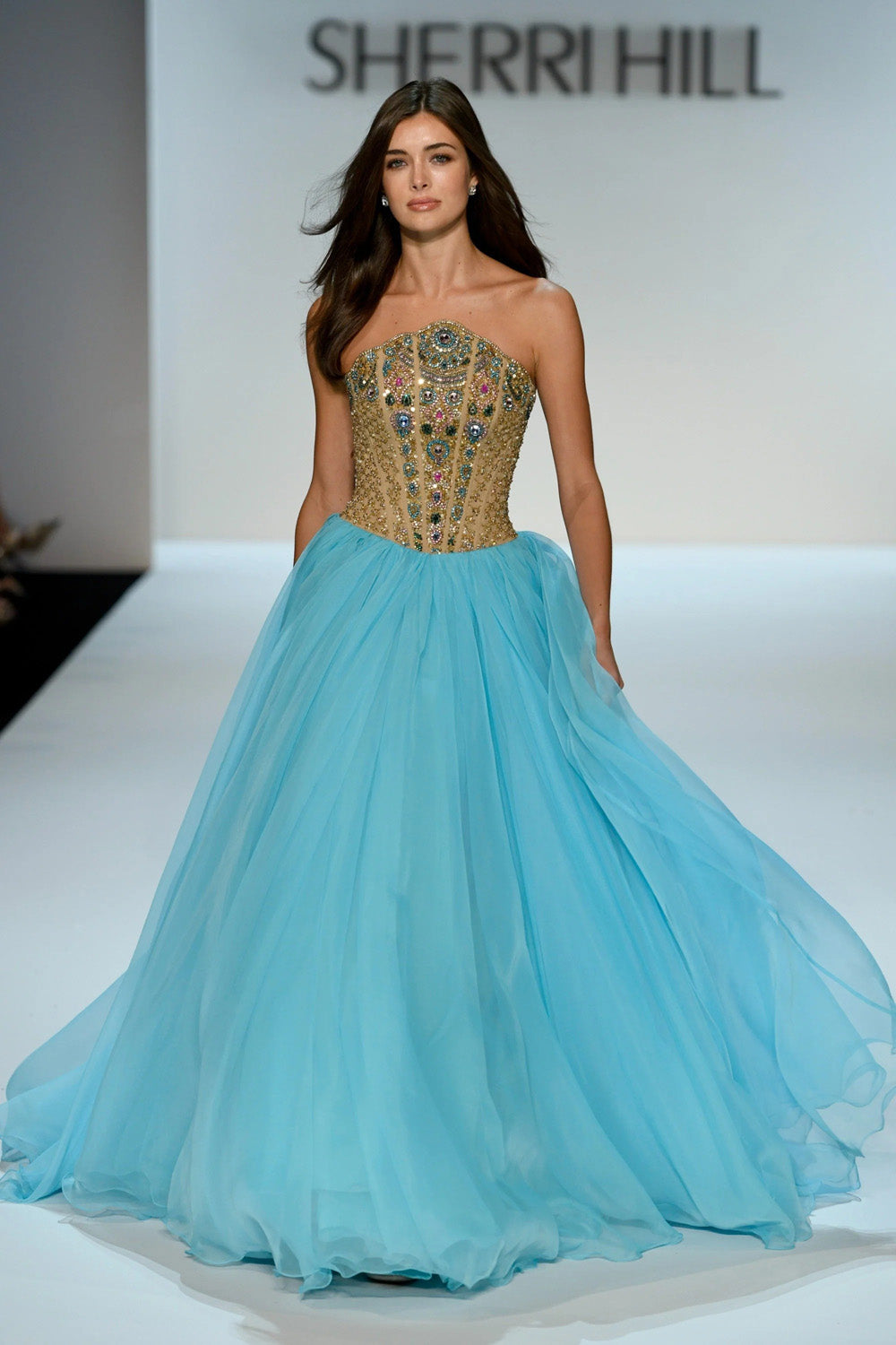 Sherri Hill 67323 aqua nude multi strapless ball gown with multicolour stone embellished corset and voluminous chiffon skirt