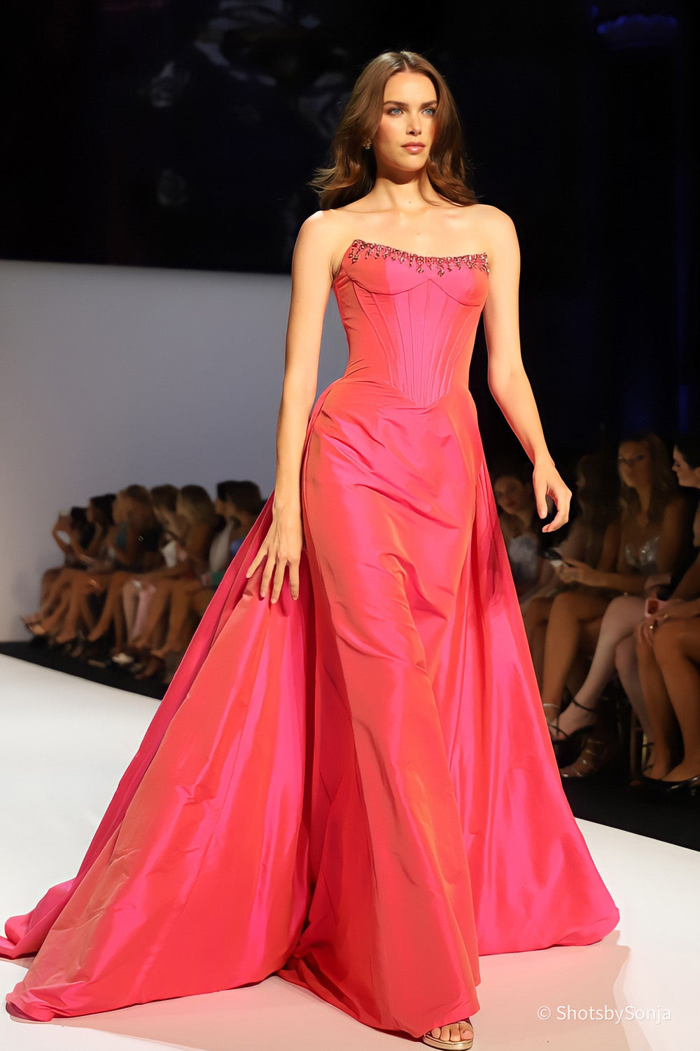 Sherri Hill 67327 coral strapless gown with beaded neckline detail and sweeping draped full skirt, full length