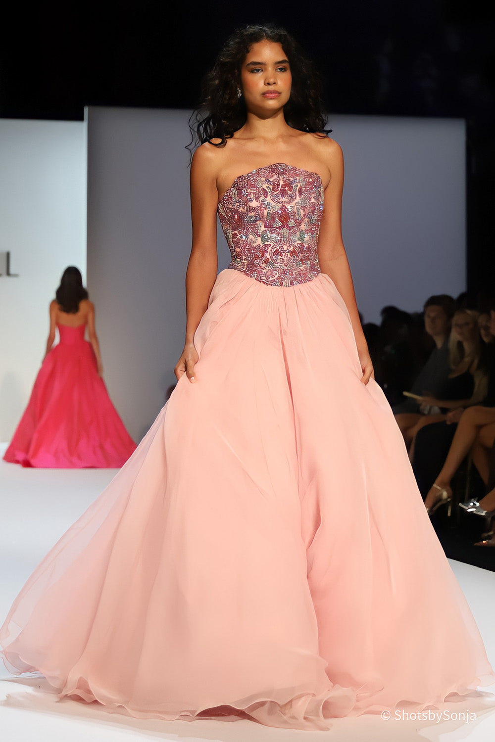 Sherri Hill 67338 light pink multi ball gown with beaded floral bodice and full chiffon skirt on runway full length view