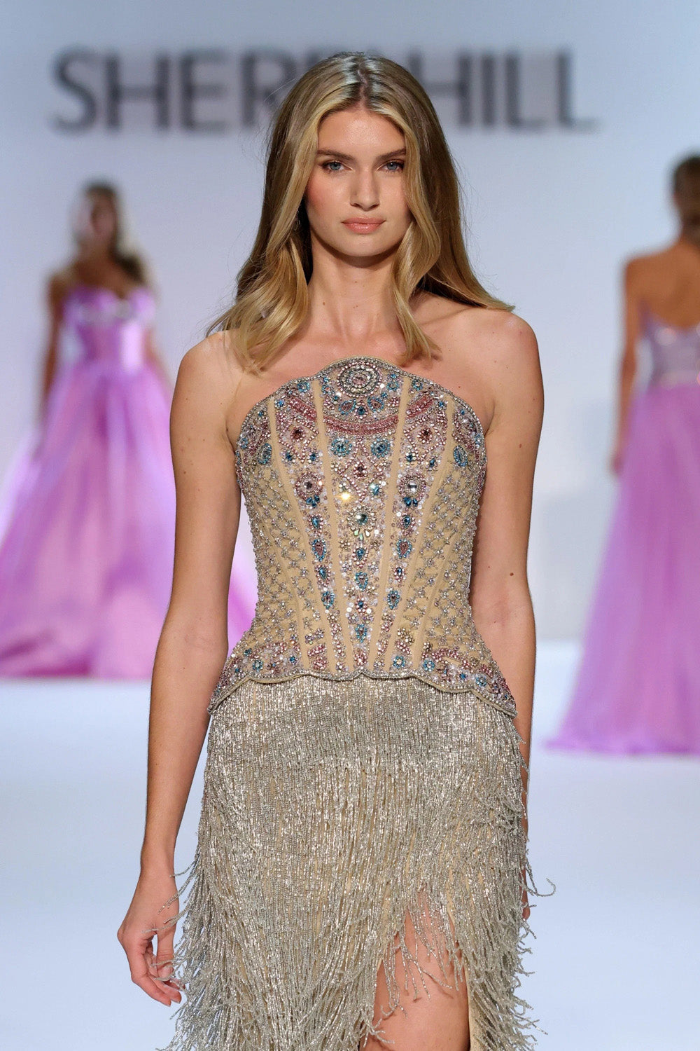 Sherri Hill 67341 beaded corset bodice close up with multicolour stone embellishment and scalloped peplum edge