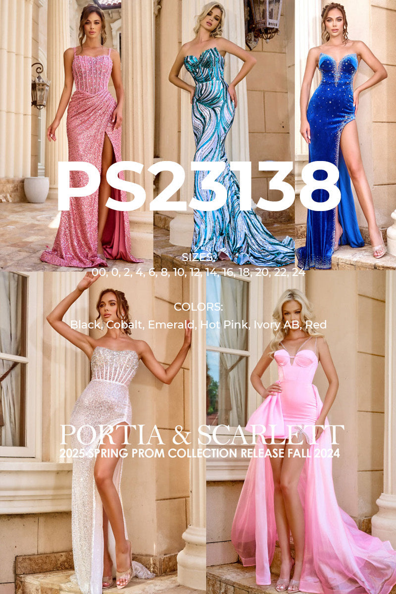 Portia and Scarlett PS23138 prom dress images.  Portia and Scarlett PS23138 is available in these colors: Black, Cobalt, Emerald, Hot Pink, Ivory AB, Red.