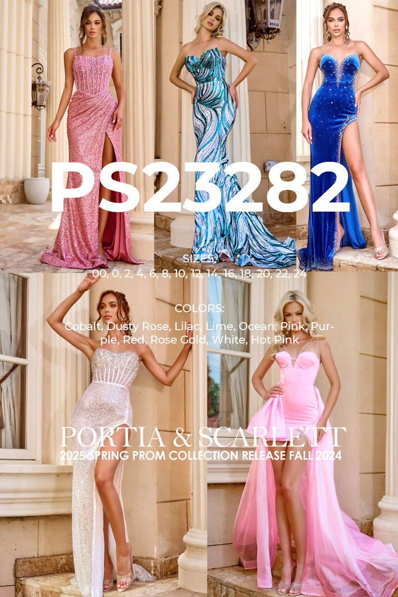 Portia and Scarlett PS23282 prom dress images. Portia and Scarlett PS23282 is available in these colors: Cobalt, Dusty Rose, Lilac, Lime, Ocean, Pink, Purple, Red, Rose Gold, White, Hot Pink.