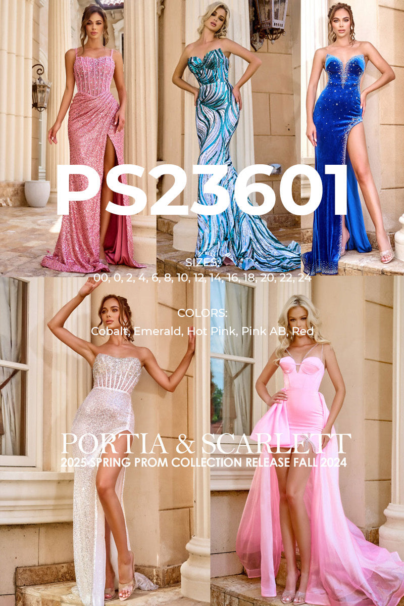 Portia and Scarlett PS23601 prom dress images. Portia and Scarlett PS23601 is available in these colors: Cobalt, Emerald, Hot Pink, Pink AB, Red.