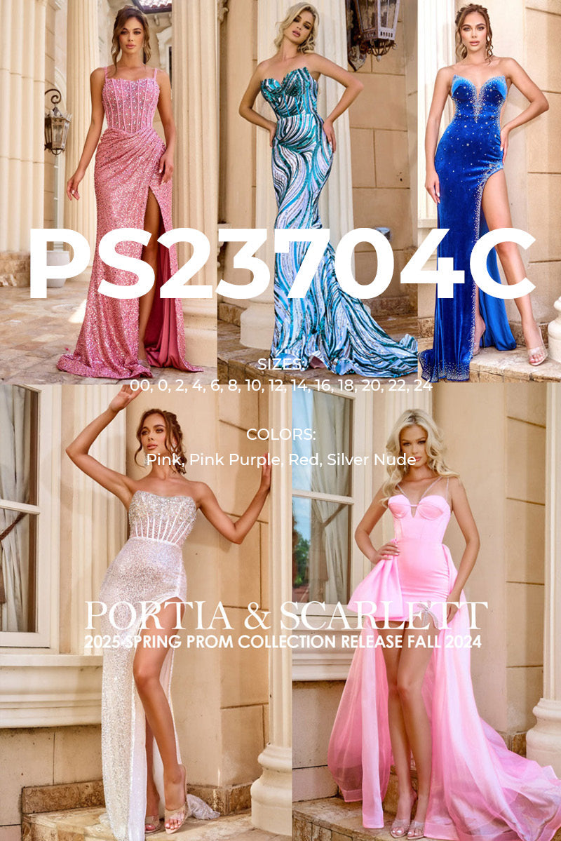 Portia and Scarlett PS23704C prom dress images. Portia and Scarlett PS23704C is available in these colors: Pink, Pink Purple, Red, Silver Nude.