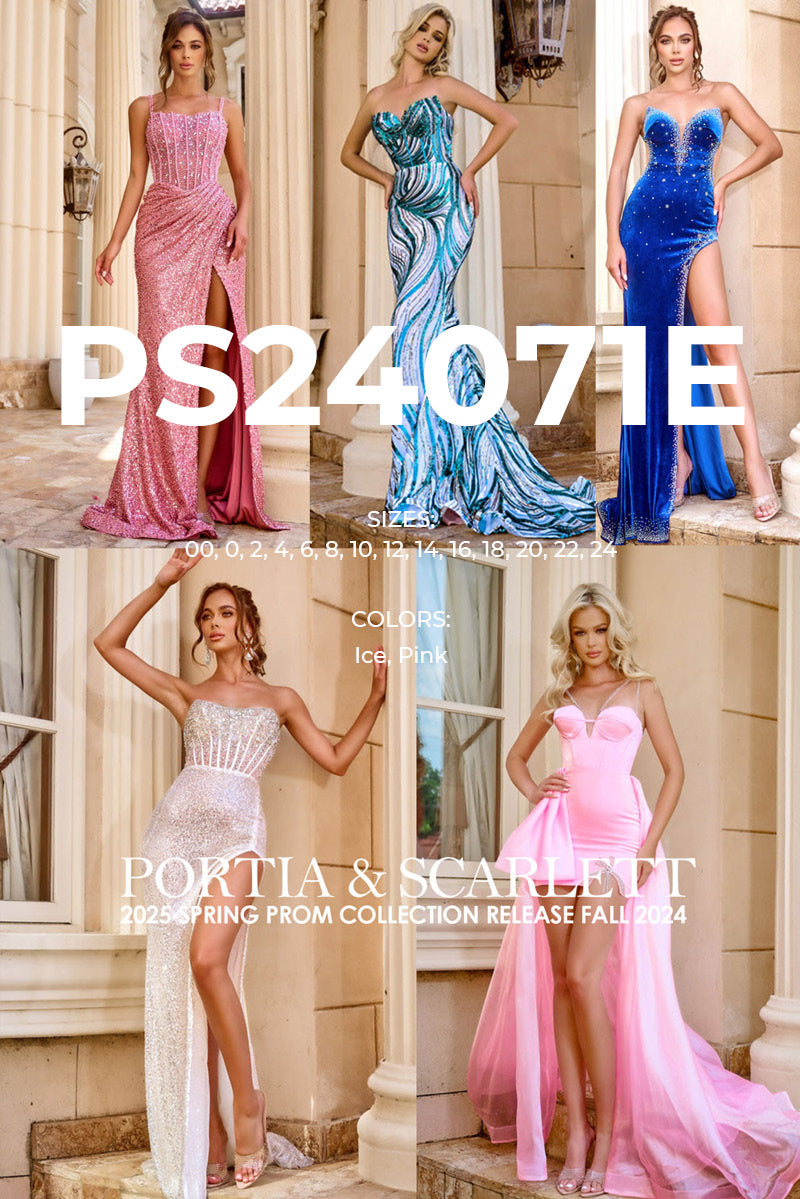 Portia and Scarlett PS24071E prom dress images.  Portia and Scarlett PS24071E is available in these colors: Ice, Pink.